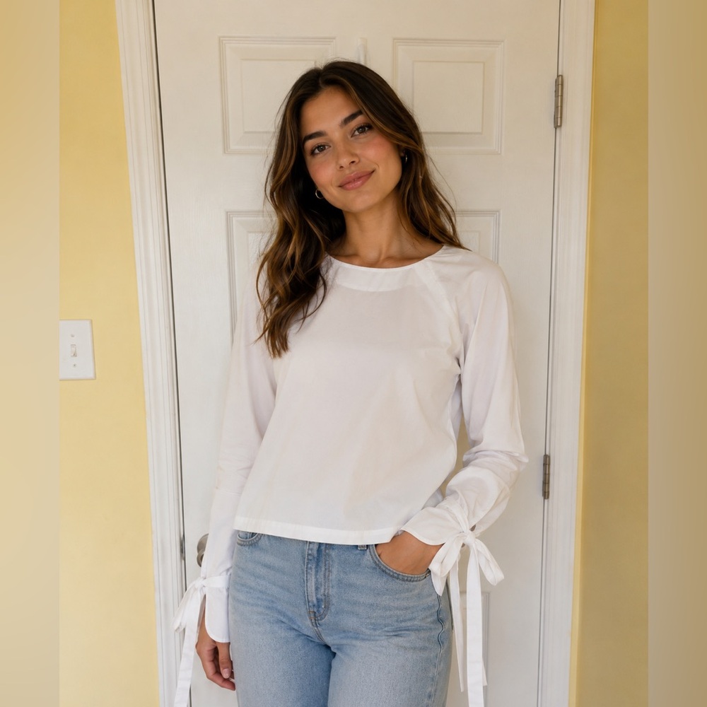 Frame Denim White Long-Sleeve Tie-Cuff Top
